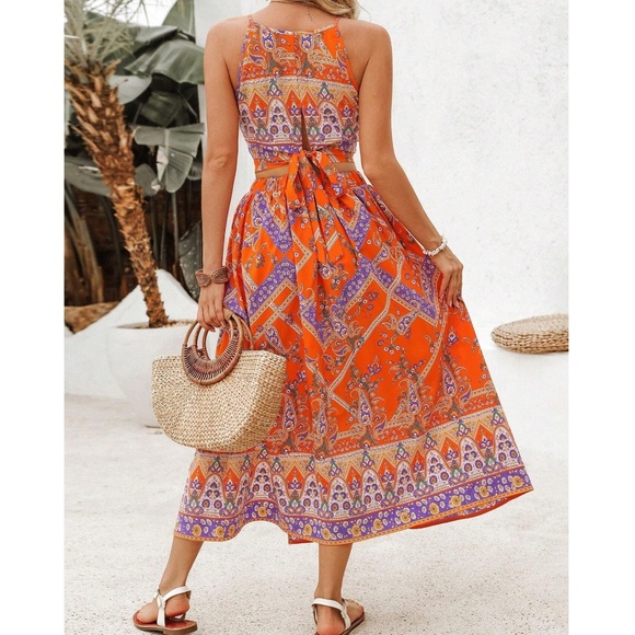 Boho Floral Print Tie Back Cropped Cami Top Skirt Set - Picture 3 of 5